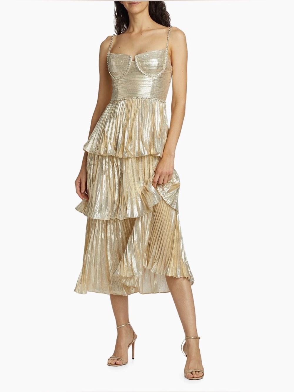 NWT Self Portrait Gold Metallic Tiered Midi Dress